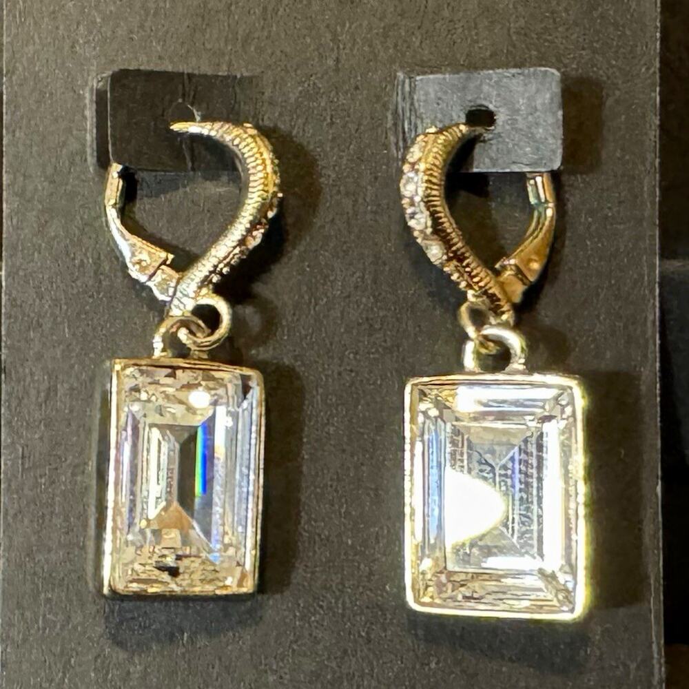 Givenchy Gold Tone Leverback Baguette Crystal Rectangle Drop Earrings Signed